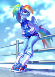 Size: 2067x2894 | Tagged: safe, artist:holivi, character:rainbow dash, species:anthro, species:pegasus, species:pony, species:unguligrade anthro, butt squish, clothing, female, hands in pockets, high res, jacket, legs, letterman jacket, ponytail, railing, shoes, shorts, sitting, sneakers, socks, solo, sunny day, tail, wings