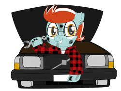 Size: 3200x2400 | Tagged: safe, artist:toyminator900, oc, oc only, oc:doofs, species:earth pony, species:pony, alternate hairstyle, car, clothing, commission, glasses, oil, solo, volvo, wrench