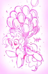 Size: 720x1120 | Tagged: safe, artist:liaaqila, character:pinkie pie, species:earth pony, species:pony, balloon, blep, cute, diapinkes, female, floating, flying, gradient background, mare, monochrome, simple background, sketch, smiling, solo, sparkles, then watch her balloons lift her up to the sky, tongue out, white background