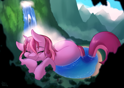 Size: 4093x2894 | Tagged: safe, artist:sugaryviolet, oc, oc only, oc:sugary violet, species:pony, species:unicorn, cute, giant pony, lake, macro, scenery, smiling, waterfall