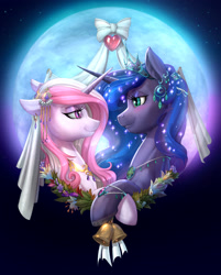 Size: 1920x2386 | Tagged: safe, artist:longinius, artist:vest, character:fleur-de-lis, character:princess luna, species:alicorn, species:pony, species:unicorn, beautiful, bell, blushing, bracelet, crown, ear piercing, earring, eye contact, eyeshadow, female, fleur de lune, floppy ears, high res, holding hooves, honeymoon, jewelry, lesbian, lidded eyes, looking at each other, makeup, mare, marriage, moon, necklace, piercing, regalia, shipping, smiling, wedding