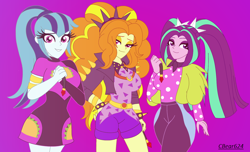Size: 1906x1162 | Tagged: safe, artist:cbear624, character:adagio dazzle, character:aria blaze, character:sonata dusk, episode:find the magic, g4, my little pony: equestria girls, my little pony:equestria girls, spoiler:eqg series (season 2), bracelet, clothing, female, gem, jacket, jewelry, leather jacket, pigtails, polka dots, ponytail, purple background, shorts, simple background, siren gem, spiked headband, spiked wristband, taco dress, the dazzlings, the dazzlings have returned, twintails, wristband