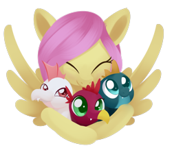 Size: 2007x1734 | Tagged: safe, artist:dusthiel, character:fluttershy, species:dragon, species:pegasus, species:pony, episode:sweet and smoky, g4, my little pony: friendship is magic, baby, baby cinder, baby dragon, baby rubble, baby sparks, colored pupils, cute, eyes closed, female, fluttermom, hug, mare, shyabetes, simple background, smiling, transparent background