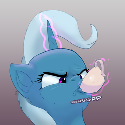 Size: 2170x2170 | Tagged: safe, artist:xbi, character:trixie, species:pony, species:unicorn, episode:student counsel, angry, angry tea drinking, cup, drinking, female, food, glowing horn, gradient background, horn, magic, magic aura, mare, solo, tea, teacup, telekinesis, text, that pony sure does love teacups