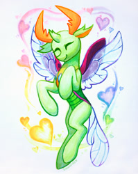 Size: 900x1132 | Tagged: safe, artist:dawnfire, character:thorax, species:changeling, species:reformed changeling, cute, eyes closed, flying, heart, hooves, male, smiling, solo, spread wings, thorabetes, weapons-grade cute, wings