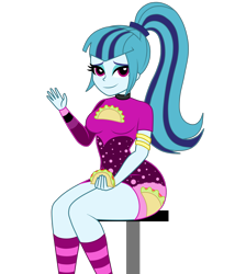 Size: 1800x2100 | Tagged: safe, artist:mashoart, character:sonata dusk, episode:find the magic, g4, my little pony: equestria girls, my little pony:equestria girls, spoiler:eqg series (season 2), clothing, cute, female, food, legs, lidded eyes, looking at you, minidress, ponytail, sitting, socks, solo, sonatabetes, stool, striped socks, taco, taco dress, that girl sure loves tacos, thighs, waving