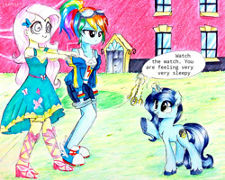 Size: 1000x799 | Tagged: safe, artist:liaaqila, character:fluttershy, character:rainbow dash, oc, oc:spiral swirl, species:pony, g4, my little pony: equestria girls, my little pony:equestria girls, canterlot high, converse, female, hypnosis, hypnotized, pendulum swing, pocket watch, rainbow dash is not amused, raised arms, shipping, shoes, sleepwalking, sleepy, sneakers, solo, square crossover, swirly eyes, unamused
