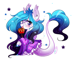 Size: 800x702 | Tagged: safe, artist:ipun, oc, oc:sydney, species:pony, species:unicorn, apple, candy apple (food), clothing, colored hooves, deviantart watermark, dress, ethereal mane, female, food, galaxy mane, mare, obtrusive watermark, simple background, solo, transparent background, watermark