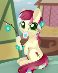 Size: 2286x2874 | Tagged: safe, artist:dusthiel, character:roseluck, species:earth pony, species:pony, episode:student counsel, cute, cuteluck, female, flower, glue, mare, messy, mouth hold, scene interpretation, solo, sticker