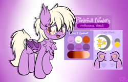 Size: 2500x1600 | Tagged: safe, artist:kimjoman, oc, oc only, oc:pinkfull night, species:bat pony, species:pony, bat pony oc, chest fluff, commission, cutie mark, female, glasses, grin, reference sheet, smiling, solo, teenager