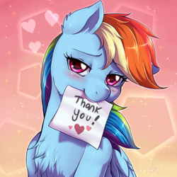 Size: 1000x1000 | Tagged: safe, artist:evomanaphy, character:rainbow dash, species:pegasus, species:pony, g4, abstract background, beautiful, blushing, cheek fluff, chest fluff, cute, dashabetes, ear fluff, female, heart, looking at you, mare, mouth hold, paper, solo, thank you