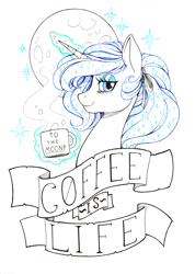 Size: 2417x3399 | Tagged: safe, artist:longinius, character:princess luna, species:alicorn, species:pony, alternate hairstyle, bags under eyes, bust, coffee mug, female, horn, limited palette, lineart, looking at you, magic, mare, moon, mug, ponytail, portrait, profile, solo, stars, telekinesis, text, tired, to the moon