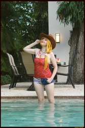 Size: 3456x5184 | Tagged: safe, artist:krazykari, character:applejack, species:human, absurd file size, armpits, clothing, cosplay, costume, irl, irl human, photo, sleeveless, solo, swimming pool