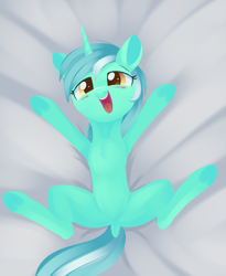 Size: 1473x1797 | Tagged: safe, artist:dusthiel, character:lyra heartstrings, species:pony, species:unicorn, blushing, dock, female, happy, looking at you, on back, open mouth, solo