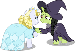 Size: 6644x4496 | Tagged: safe, artist:vector-brony, species:pony, episode:between dark and dawn, g4, my little pony: friendship is magic, absurd resolution, book, broadway, broomhilda, clothing, dress, elphaba, glinda, glinda (character), hat, musical, ponified, simple background, smiling, transparent background, vector, wicked, wicked witch of the west, witch hat