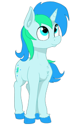 Size: 2082x3377 | Tagged: safe, artist:paskanaakka, part of a set, oc, oc only, oc:cyan lightning, species:pony, species:unicorn, chest fluff, colored hooves, colt, commission, digital art, happy, horn, male, simple background, smiling, solo, standing, transparent background