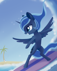 Size: 1377x1701 | Tagged: safe, artist:dusthiel, character:princess luna, species:alicorn, species:pony, newbie artist training grounds, atg 2019, bipedal, female, mare, smiling, solo, surfboard, surfing