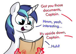 Size: 1639x1169 | Tagged: safe, artist:moonatik, character:shining armor, species:pony, newbie artist training grounds, atg 2019, dialogue, document, illiteracy, male, paper, shining armor is a goddamn moron, simple background, solo, transparent background, upside down