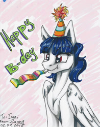 Size: 1173x1497 | Tagged: safe, artist:sunny way, rcf community, oc, oc only, species:pegasus, species:pony, birthday, clothing, female, happy birthday, hat, noisemaker, party hat, party horn, present, solo