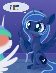 Size: 1176x1530 | Tagged: safe, artist:dusthiel, character:princess celestia, character:princess luna, species:alicorn, species:pony, newbie artist training grounds, blushing, cannon, cheek fluff, chest fluff, dialogue, duo, female, heart, keyhole, mare, open mouth, out of context, pictogram, shoulder fluff, siblings, sisters, sitting, speech bubble, spread wings, wings