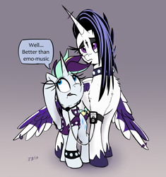 Size: 2195x2334 | Tagged: safe, artist:xbi, character:princess celestia, character:rarity, species:alicorn, species:pony, species:unicorn, episode:between dark and dawn, g4, my little pony: friendship is magic, alternate hairstyle, clothing, earbuds, feather piercing, goth, hoof shoes, horn, horn piercing, piercing, punk, punkity, punklestia, wing piercing