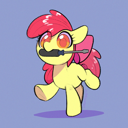 Size: 876x877 | Tagged: safe, artist:dawnfire, character:apple bloom, species:earth pony, species:pony, adorabloom, blue background, colored pupils, cute, female, filly, mouth hold, screwdriver, simple background, solo