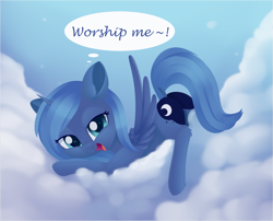 Size: 1703x1379 | Tagged: safe, artist:dusthiel, character:princess luna, species:alicorn, species:pony, newbie artist training grounds, atg 2019, bedroom eyes, bronybait, cloud, cute, dialogue, face down ass up, female, filly, filly luna, leg fluff, looking at you, lunabetes, lying on a cloud, mare, moonbutt, praise the moon, s1 luna, smiling, solo, speech bubble, woona, younger