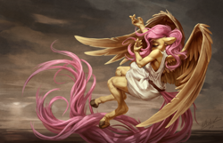 Size: 1080x695 | Tagged: safe, artist:assasinmonkey, character:fluttershy, species:anthro, species:pegasus, species:pony, species:unguligrade anthro, clothing, detailed, female, fine art emulation, flying, mare, solo, underhoof