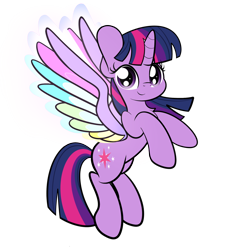 Size: 1600x1778 | Tagged: safe, artist:kimjoman, character:twilight sparkle, character:twilight sparkle (alicorn), species:alicorn, species:pony, friendship is magic: rainbow roadtrip, g4, my little pony: friendship is magic, clothing, colored wings, cute, female, flying, looking at you, multicolored wings, rainbow wings, simple background, solo, spread wings, transparent background, twiabetes, wing bling, wings