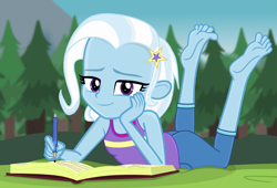 Size: 3249x2206 | Tagged: safe, artist:grapefruitface1, base used, character:trixie, equestria girls:legend of everfree, g4, my little pony: equestria girls, my little pony:equestria girls, barefoot, bedroom eyes, cute, diary, diatrixes, feet, female, grass, looking at you, notebook, outdoors, pen, prone, soles, solo, tree