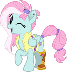 Size: 3000x3200 | Tagged: safe, artist:cheezedoodle96, character:kerfuffle, species:pegasus, species:pony, friendship is magic: rainbow roadtrip, g4, my little pony: friendship is magic, .svg available, amputee, belt, clothing, ear piercing, earring, female, jewelry, mare, one eye closed, piercing, pincushion, prosthetic leg, prosthetic limb, prosthetics, raised hoof, scar, scrunchie, show accurate, simple background, solo, svg, tail wrap, transparent background, vector, vest, wink