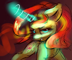 Size: 2432x2047 | Tagged: safe, artist:xbi, character:sunset shimmer, species:pony, species:unicorn, 30 minute art challenge, action pose, angry, badass, female, glowing horn, horn, looking at you, magic, mare, solo