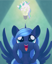 Size: 1117x1378 | Tagged: safe, artist:dusthiel, character:princess celestia, character:princess luna, species:pony, newbie artist training grounds, atg 2019, cute, female, lightbulb, lunabetes, royal sisters, royalty, smiling