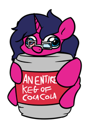 Size: 958x1321 | Tagged: safe, artist:moonatik, oc, oc only, oc:fizzy pop, species:pony, species:unicorn, 3d glasses, coca-cola, cute, female, gift art, keg, mare, simple background, solo, transparent background