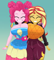 Size: 1700x1900 | Tagged: safe, artist:mashoart, character:pinkie pie, character:sunset shimmer, equestria girls:sunset's backstage pass, g4, my little pony: equestria girls, my little pony:equestria girls, spoiler:eqg series (season 2), big breasts, boob squish, breast squish, breasts, busty pinkie pie, busty sunset shimmer, clothing, cute, diapinkes, eyes closed, female, friendship, grin, happy, huge breasts, music festival outfit, shimmerbetes, smiling, wide hips
