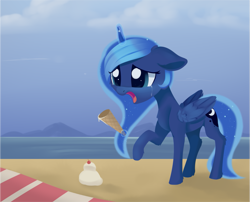 Size: 1705x1379 | Tagged: safe, artist:dusthiel, character:princess luna, species:alicorn, species:pony, newbie artist training grounds, atg 2019, beach, crying, dropped ice cream, female, food, ice cream, mare, solo
