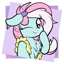 Size: 1386x1386 | Tagged: safe, artist:kimjoman, character:kerfuffle, species:pony, friendship is magic: rainbow roadtrip, g4, my little pony: friendship is magic, chest fluff, clothing, cute, female, fufflebetes, heart, looking at you, one eye closed, pincushion, simple background, smiling, solo, transparent background, wink