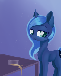 Size: 1379x1705 | Tagged: safe, artist:dusthiel, character:princess luna, species:alicorn, species:pony, newbie artist training grounds, atg 2019, cheek fluff, chest fluff, chocolate, chocolate milk, crown, exploitable meme, face of evil, female, jewelry, looking at you, mare, meme, milk, pure unfiltered evil, regalia, solo, spilled drink, spilled milk