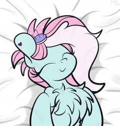 Size: 1600x1678 | Tagged: safe, artist:kimjoman, character:kerfuffle, species:pony, friendship is magic: rainbow roadtrip, g4, my little pony: friendship is magic, accessories, bed, chest fluff, cute, eyes closed, female, fufflebetes, lying down, mare, solo