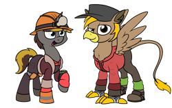 Size: 2637x1665 | Tagged: safe, artist:moonatik, oc, oc only, oc:geartooth, oc:pad, species:griffon, species:pony, species:unicorn, 2020 community collab, derpibooru community collaboration, boots, clothing, commission, engineer, gloves, griffon oc, hard hat, hat, hoodie, light bulb, male, pipboy, scout, shoes, simple background, socks, stallion, team fortress 2, transparent background, wings