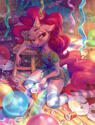 Size: 2067x2716 | Tagged: safe, artist:holivi, character:pinkie pie, species:anthro, species:earth pony, species:pony, species:unguligrade anthro, aftermath, balloon, bedroom eyes, birthday, birthday party, blushing, cake, clothing, commission, cup, denim skirt, exhausted, female, floppy ears, food, hat, high res, legs, lidded eyes, looking at you, messy tail, open mouth, party, plate, shirt, skirt, smiling, socks, solo, striped socks, suspenders, sweat, thigh highs, undershirt, wingding eyes