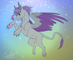 Size: 1200x1000 | Tagged: safe, artist:sunny way, rcf community, oc, oc only, oc:corpsly, species:pony, species:sphinx, butterfly, catching, claws, flying, leonine tail, male, paw pads, paws, solo, sphinx oc, toe beans, two toned wings, underpaw, wings