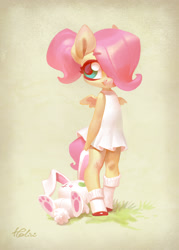 Size: 2067x2894 | Tagged: safe, artist:holivi, character:angel bunny, character:fluttershy, species:anthro, species:pegasus, species:unguligrade anthro, g4, clothing, colored eyebrows, cute, dress, eyebrows, eyebrows visible through hair, female, filly, filly fluttershy, hair over one eye, looking away, plushie, shyabetes, signature, simple background, smiling, socks, solo, spread wings, wings, younger