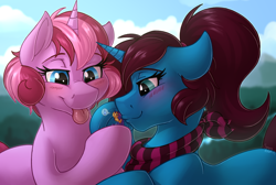 Size: 4000x2682 | Tagged: safe, artist:sugaryviolet, oc, oc only, oc:altus bastion, oc:star bright, oc:sugary violet, species:pony, species:unicorn, blushing, clothing, giant pony, lucky, macro, ponytail, puckered lips, scarf, size difference, tongue out