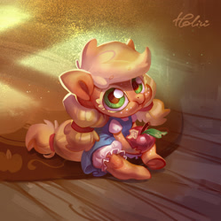 Size: 2067x2072 | Tagged: safe, artist:holivi, character:applejack, species:anthro, species:earth pony, species:pony, species:unguligrade anthro, apple, bloomers, clothing, cute, dress, female, filly, filly applejack, foal, food, freckles, frog (hoof), holivi is trying to murder us, jackabetes, looking at you, pigtails, smol, solo, sweet dreams fuel, underhoof, weapons-grade cute, younger