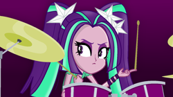 Size: 1280x717 | Tagged: safe, artist:grapefruitface1, base used, character:aria blaze, equestria girls:rainbow rocks, g4, my little pony: equestria girls, my little pony:equestria girls, clothing, drum kit, drummer, drums, drumsticks, female, gradient background, looking to the left, musical instrument, solo