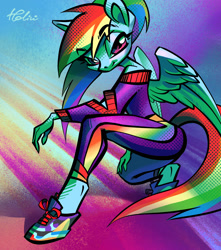 Size: 2067x2336 | Tagged: safe, artist:holivi, character:rainbow dash, species:anthro, species:pegasus, species:pony, species:unguligrade anthro, clothing, female, hoof shoes, legs, lidded eyes, looking at you, pants, shoes, shoulderless, smiling, sneakers, solo