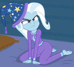 Size: 1280x1169 | Tagged: safe, artist:grapefruitface1, base used, character:trixie, episode:wake up!, g4, my little pony: equestria girls, my little pony:equestria girls, spoiler:choose your own ending (season 2), spoiler:eqg series (season 2), angry, barefoot, clothing, cute, diatrixes, feet, female, hat, madorable, nightcap, nightwear, pajamas, solo, tired, trixie is not amused, trixie's hat, tsundere, unamused