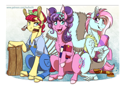 Size: 1700x1193 | Tagged: safe, artist:inuhoshi-to-darkpen, character:kerfuffle, character:petunia petals, character:torque wrench, species:earth pony, species:pegasus, species:pony, friendship is magic: rainbow roadtrip, g4, my little pony: friendship is magic, amputee, big wings, book, fabric, feathered fetlocks, female, hammer, mare, mouth hold, overalls, palindrome get, prosthetic leg, prosthetic limb, prosthetics, sitting, smiling, trio, unshorn fetlocks, wings