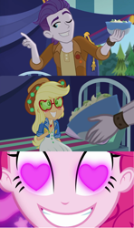 Size: 1280x2168 | Tagged: safe, artist:themexicanpunisher, edit, screencap, character:applejack, character:pinkie pie, episode:accountibilibuddies, episode:coinky-dink world, eqg summertime shorts, g4, my little pony: equestria girls, my little pony:equestria girls, spoiler:eqg series (season 2), accountibilibuddies: rainbow dash, appledirk, dirk thistleweed, female, male, meme, pinkie the shipper, pinkie's eyes, shipping, shipping domino, straight